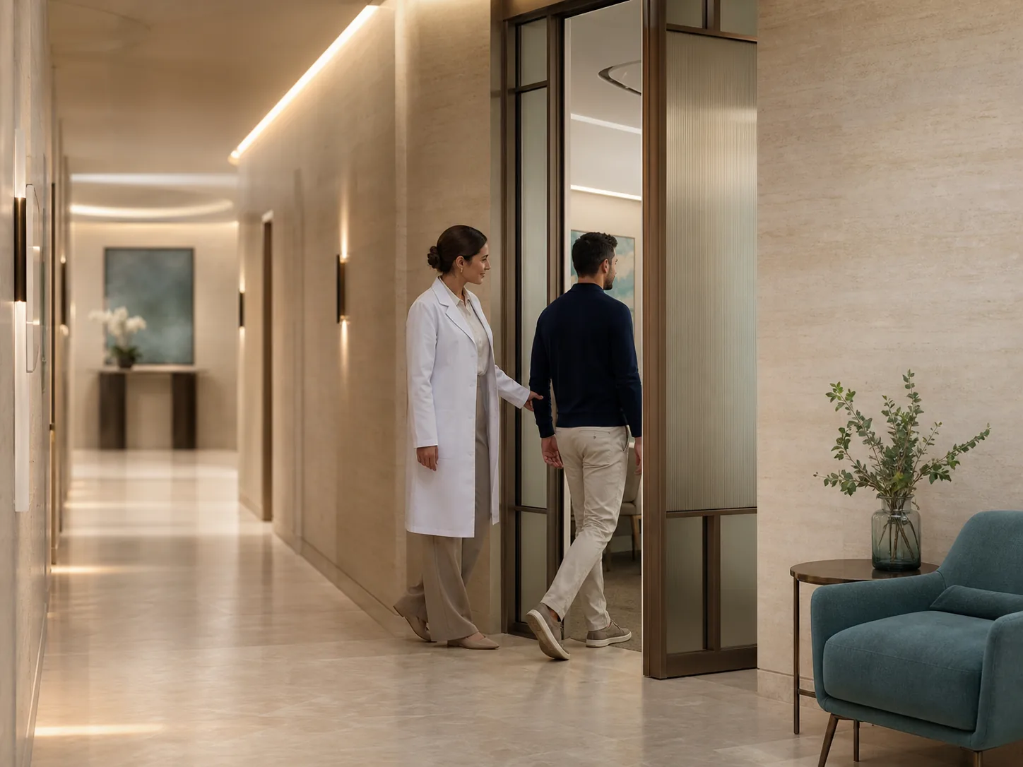 Adult patient entering a private follow-up consultation with a clinician