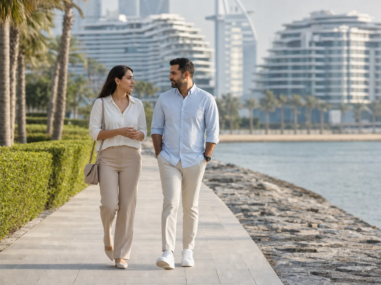 Adult couple communicating during a relaxed outdoor walk