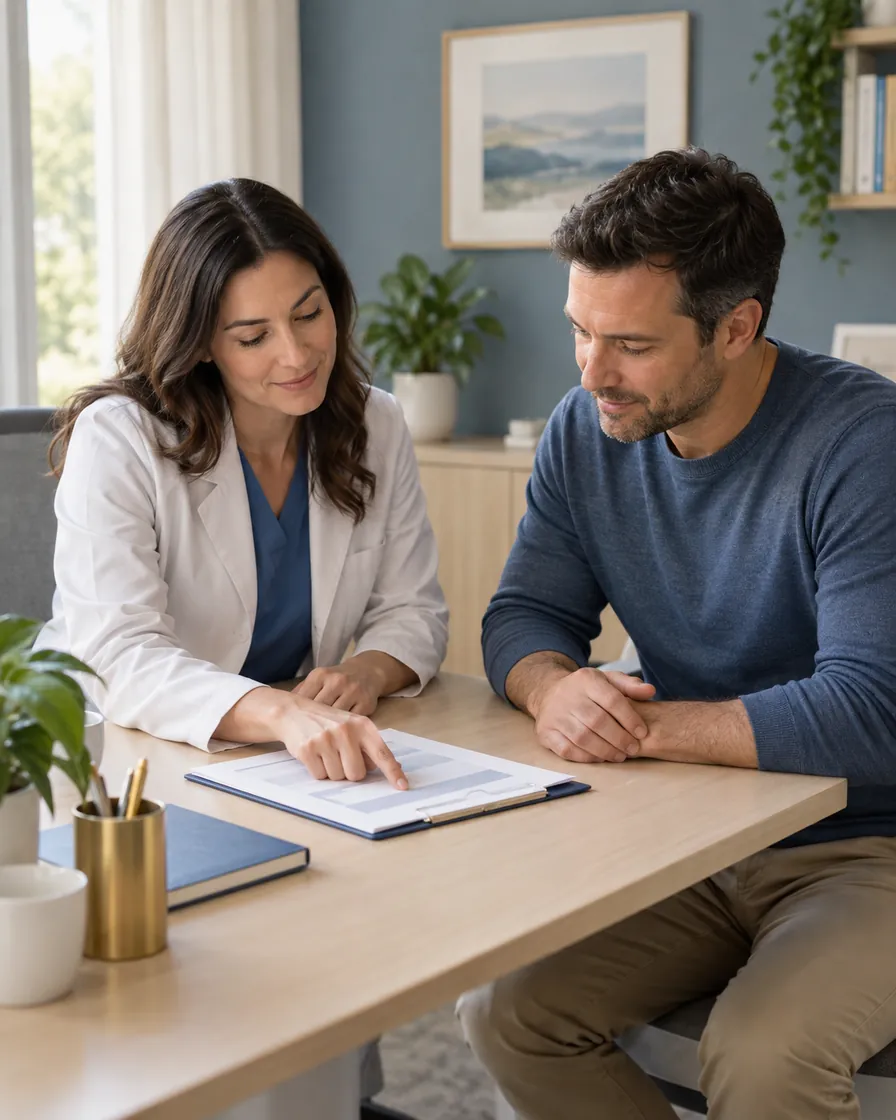 A clinician and an adult patient reviewing a written care plan together