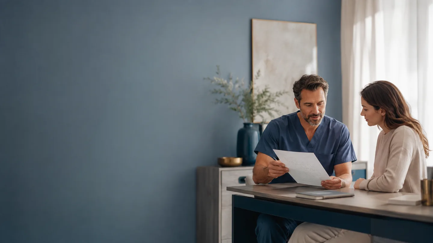 A clinician and adult patient reviewing a written care plan